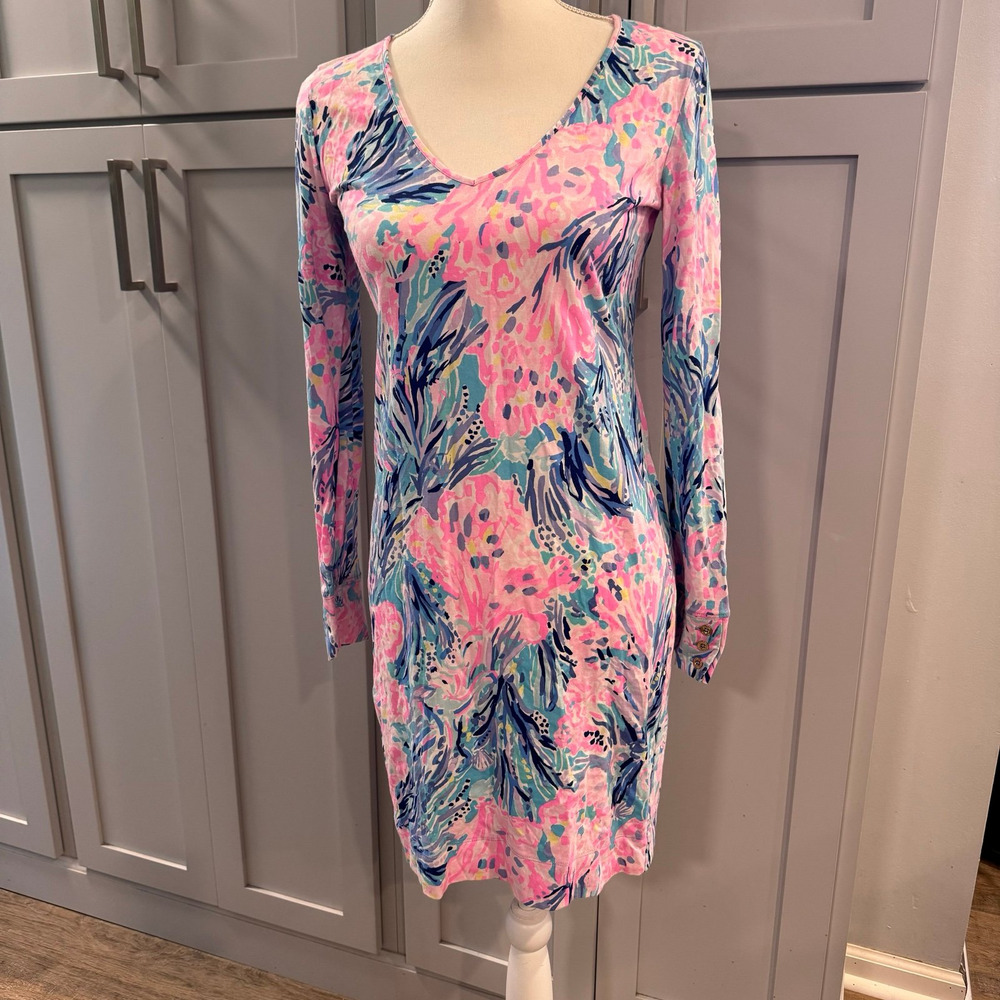 Lilly Pulitzer Long Sleeve Davie Dress in Fan Sea Pants Print Preppy Coastal XS
